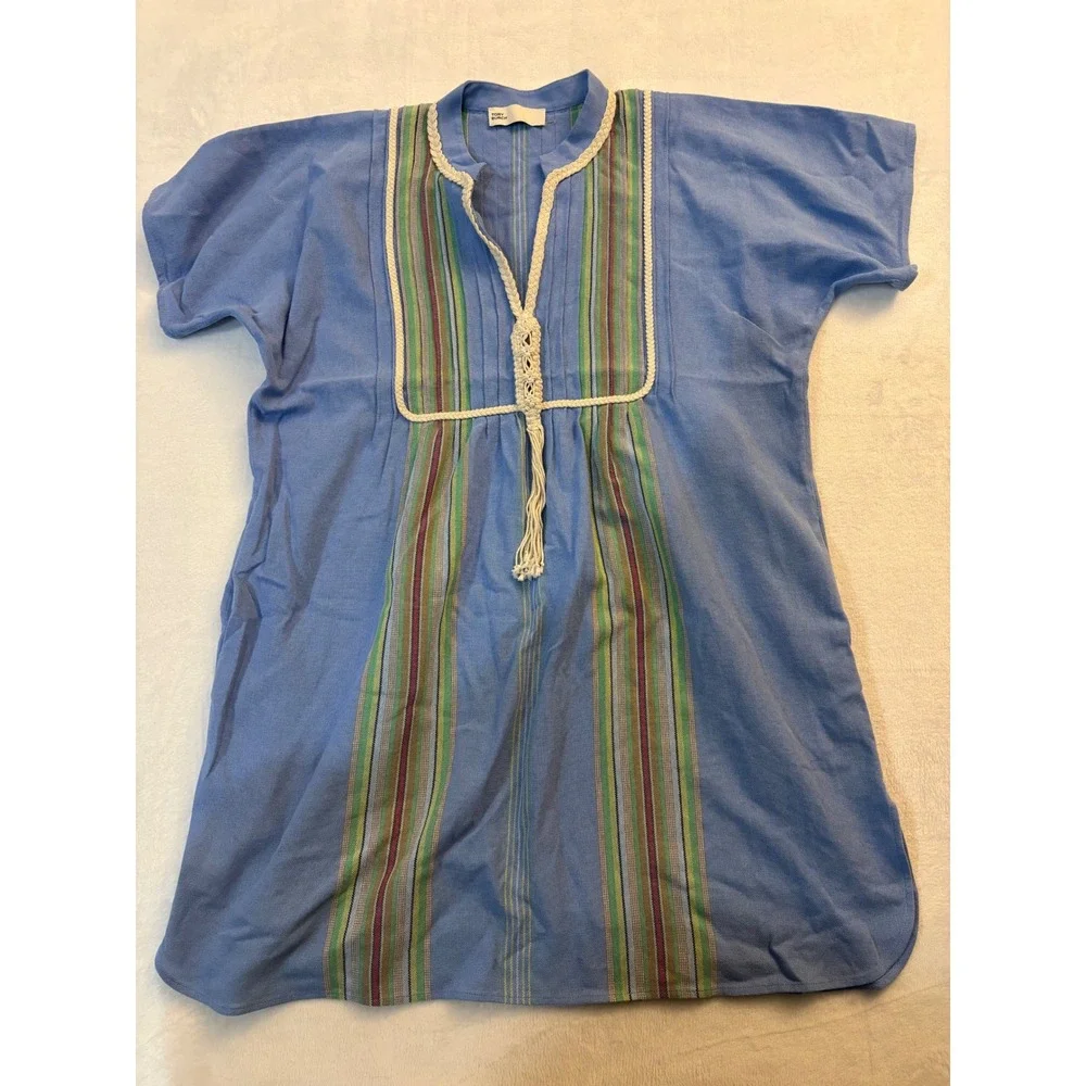 Tory Burch Blue Striped Cotton Tunic Dress XL Pintuck Tassel Short Sleeve Boho - Picture 2 of 8